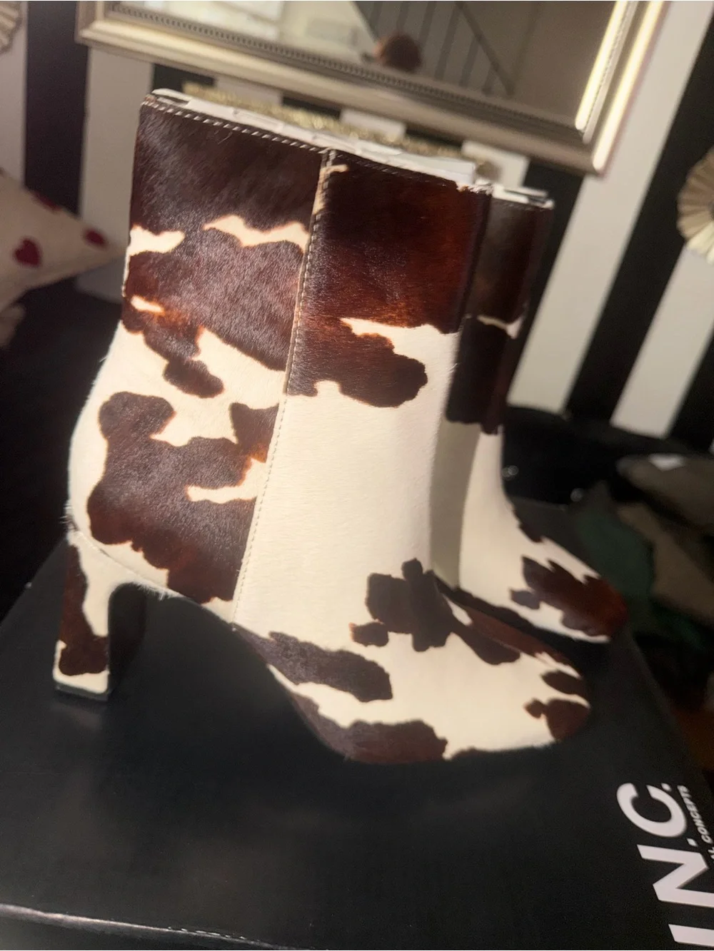 INC International Concepts Brown & Cream Cow-Print Ankle Booties